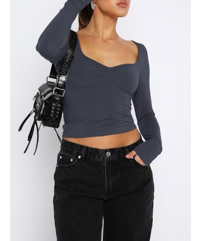 Women's Sexy Long Sleeve Going Out Tops Pleated Bustier Shirt Cute Sweetheart Neck Y2K Cropped Top Dark Grey $16.23 Tops