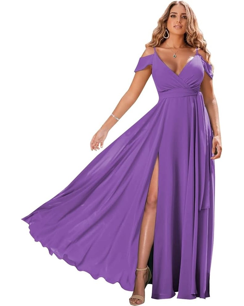 Women's Off Shoulder Bridesmaid Dresses Long Chiffon V Neck Spaghetti A-Line Formal Dress with Slit AC18 Dusty Purple $33.14 ...