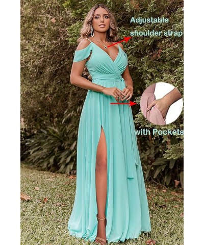 Women's Off Shoulder Bridesmaid Dresses Long Chiffon V Neck Spaghetti A-Line Formal Dress with Slit AC18 Dusty Purple $33.14 ...