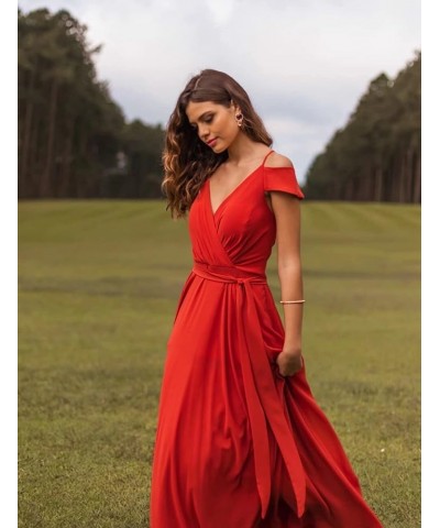 Women's Off Shoulder Bridesmaid Dresses Long Chiffon V Neck Spaghetti A-Line Formal Dress with Slit AC18 Dusty Purple $33.14 ...