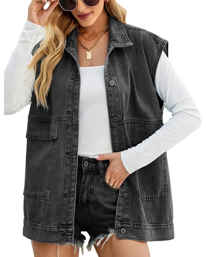 Denim Jean Vest for Women Oversized Sleeveless Button Down Denim Jean Vest Waistcoat Shacket Jacket Black Gray $10.45 Vests