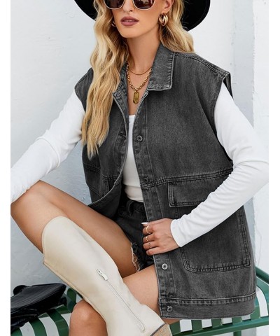 Denim Jean Vest for Women Oversized Sleeveless Button Down Denim Jean Vest Waistcoat Shacket Jacket Black Gray $10.45 Vests