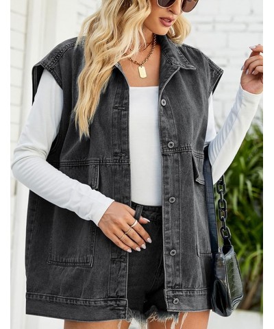 Denim Jean Vest for Women Oversized Sleeveless Button Down Denim Jean Vest Waistcoat Shacket Jacket Black Gray $10.45 Vests