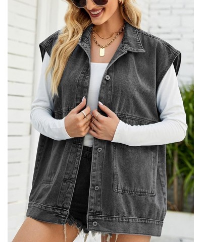 Denim Jean Vest for Women Oversized Sleeveless Button Down Denim Jean Vest Waistcoat Shacket Jacket Black Gray $10.45 Vests