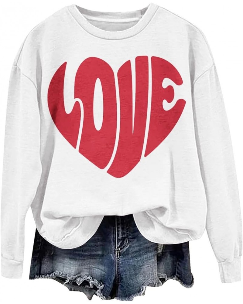 Valentine Day Shirts Women Long Sleeve Pullover Sweatshirts Love Heart Print Shirts Casual Loose Crewneck Tops White-2-lightn...