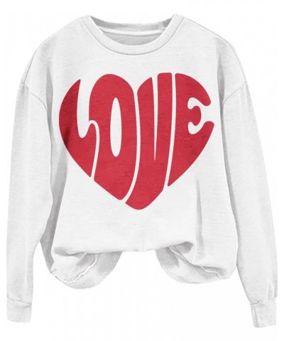 Valentine Day Shirts Women Long Sleeve Pullover Sweatshirts Love Heart Print Shirts Casual Loose Crewneck Tops White-2-lightn...