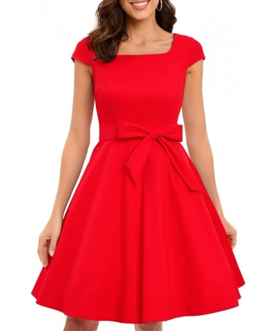 Women's 1950s Retro Vintage Square Neck Cocktail Swing Dress Red $14.88 Dresses