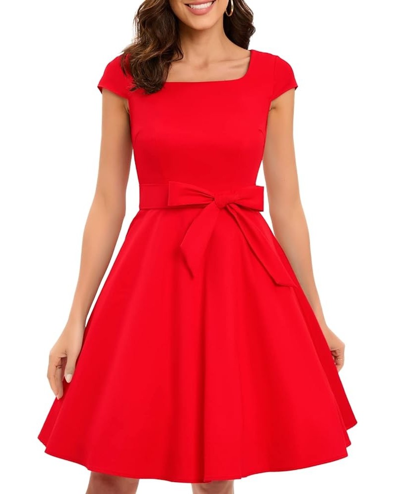 Women's 1950s Retro Vintage Square Neck Cocktail Swing Dress Red $14.88 Dresses