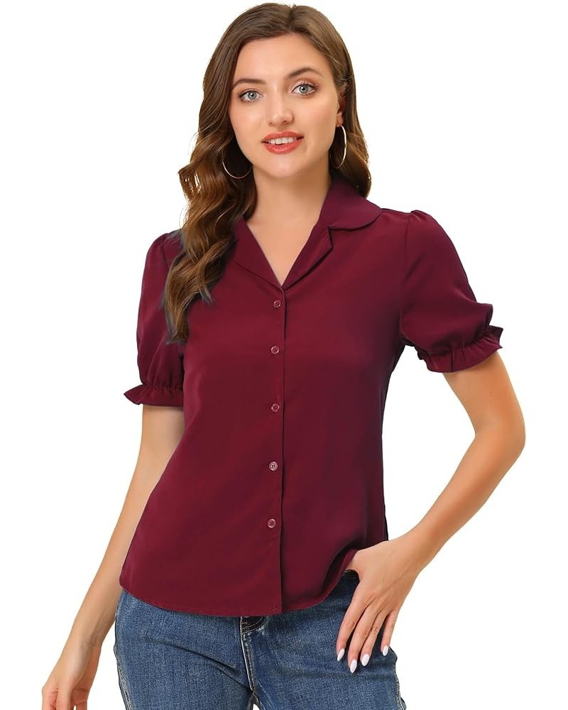 Summer Work Lapel Collar Blouse for Women's Short Sleeves Button Down Shirt Wine Red $12.85 Blouses