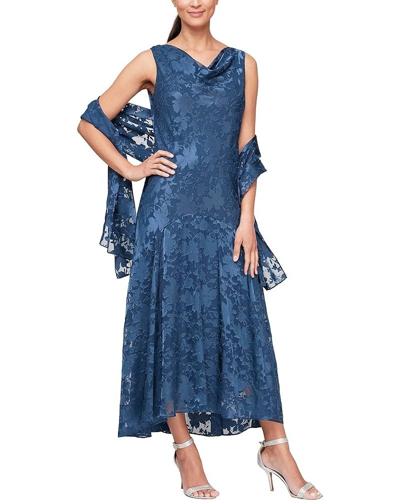 Women's Sleeveless Tea Length Cowl Neck Floral Print Dress with Shawl Wedgewood $70.16 Dresses