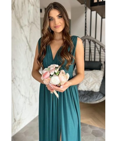 Spaghetti Strap Bridesmaid Dresses for Women 2023 Long Chiffon A Line V Neck Side Slit Prom Evening Gown for Wedding Coral $3...