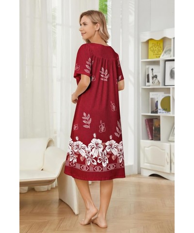 House Dresses for Women with Pockets Mumu Dresses Short Sleeve Moo Moos for Women Nightgown Duster Lounge Dress S-3XL Wine Re...