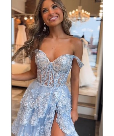 Sweetheart Prom Dress Long with Slit Off Shoulder Lace Applique Evening Dress for Teens NO114 Ocean Blue $36.55 Dresses