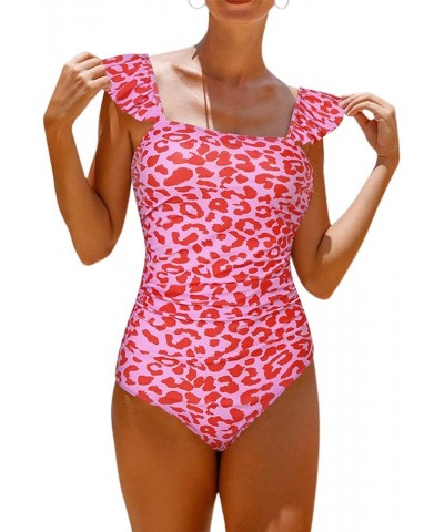 Women's Ruffle Shoulder One Piece Bathing Suit Belted Leopard Color Block Swimsuit Pink Leopard $16.73 Swimsuits