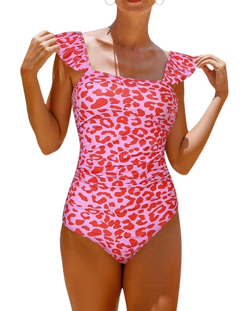 Women's Ruffle Shoulder One Piece Bathing Suit Belted Leopard Color Block Swimsuit Pink Leopard $16.73 Swimsuits