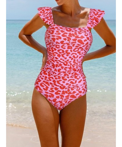 Women's Ruffle Shoulder One Piece Bathing Suit Belted Leopard Color Block Swimsuit Pink Leopard $16.73 Swimsuits