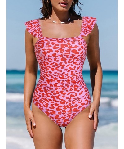 Women's Ruffle Shoulder One Piece Bathing Suit Belted Leopard Color Block Swimsuit Pink Leopard $16.73 Swimsuits