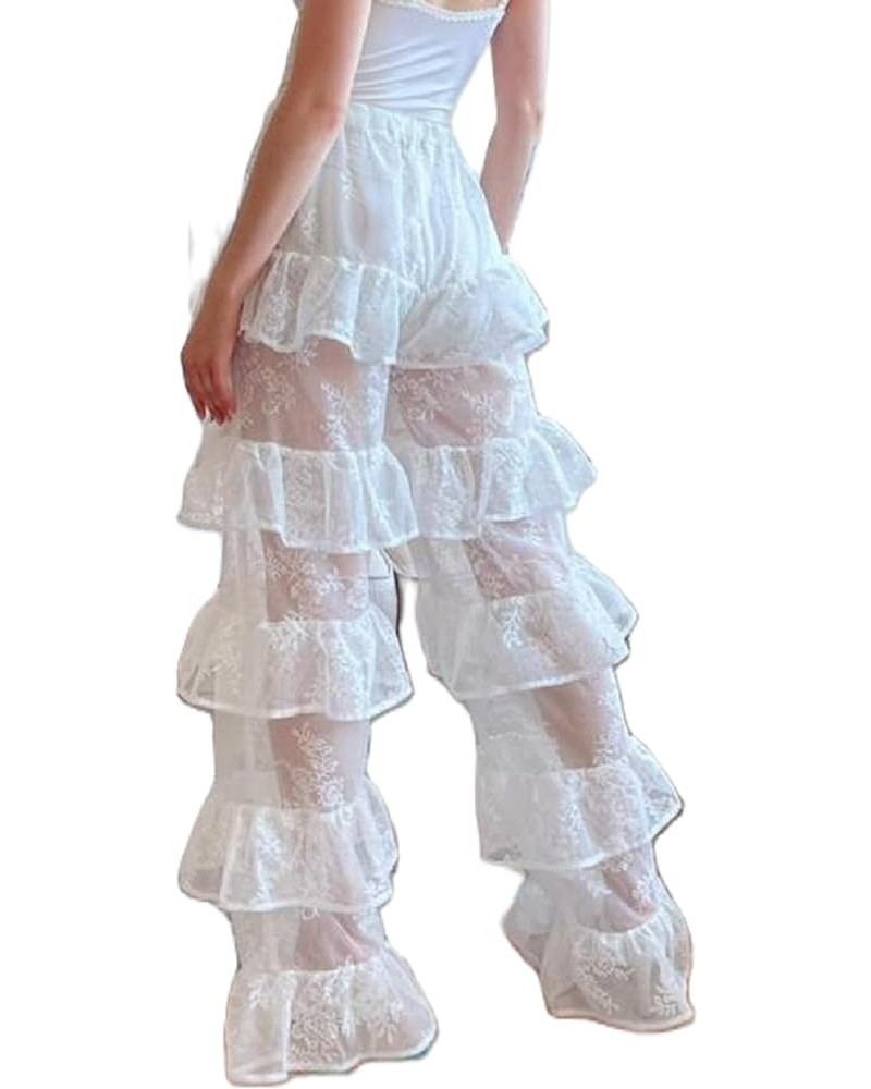 Women Y2K Lace See Through Pants Ruffle Layered Low Waist Tulle Pants Slim Fit Bell Bottom Flared Trousers A-white $11.96 Pants