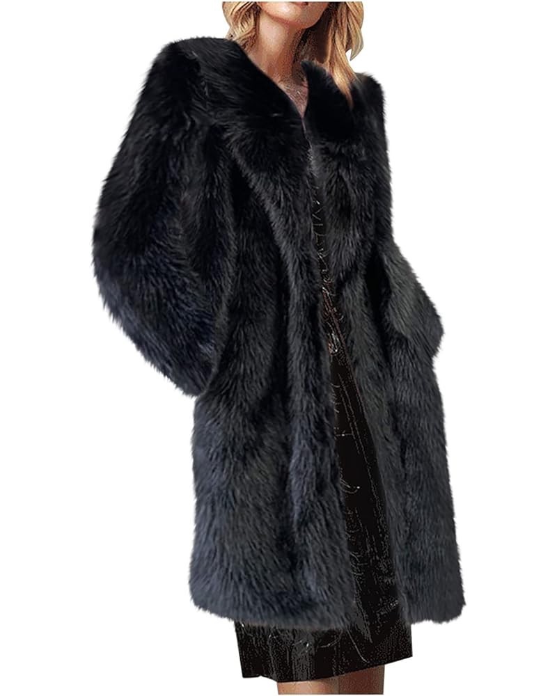 Faux Fur Overcoats for Womens Open Front Long-Sleeve Trench Coats Cardigan Fluffy Fleece Thick Casual Luxury Outerwear A0-bla...