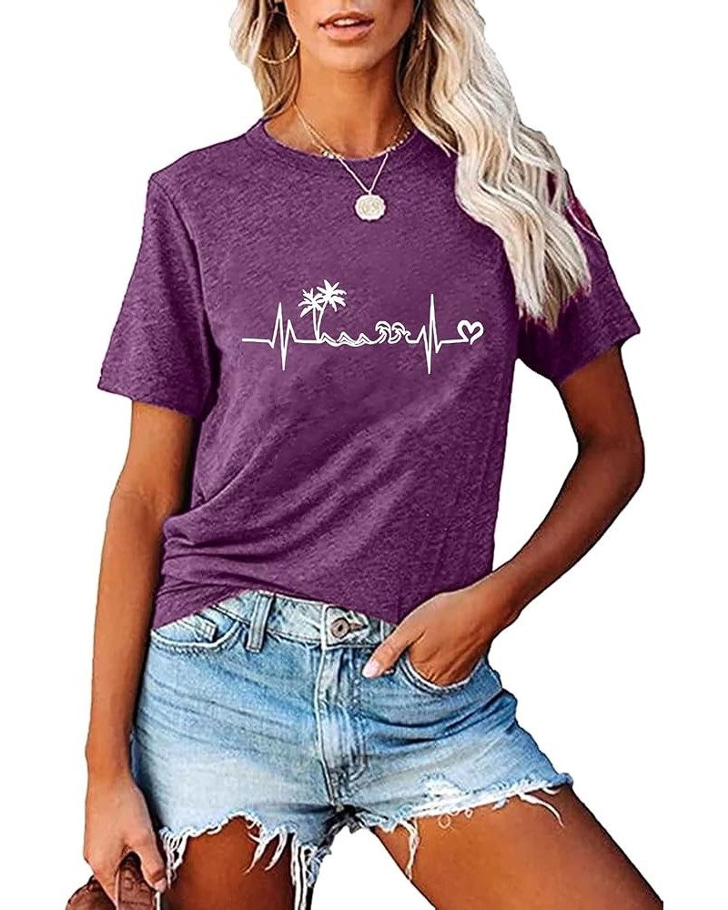 Sun Salt Sand Beach Tshirt for Women Summer Coconut Tree Graphic Casual Short Sleeve Loose Fit Tee Blouses T06-purple $10.78 ...