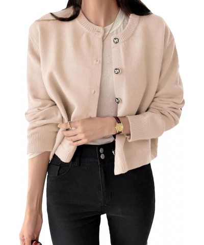 Women's Button Down Cropped Cardigan Casual Crewneck Long Sleeve Soft Knit Cardigan Sweaters Apricot $17.02 Sweaters