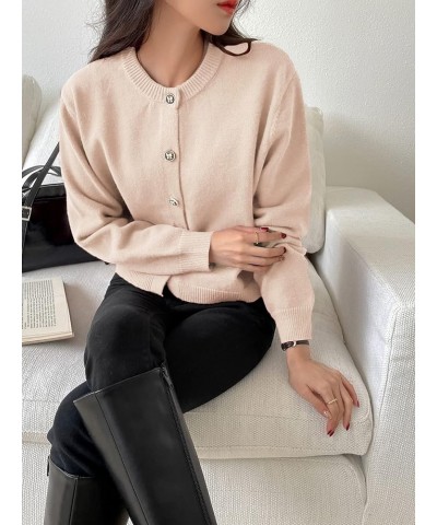 Women's Button Down Cropped Cardigan Casual Crewneck Long Sleeve Soft Knit Cardigan Sweaters Apricot $17.02 Sweaters