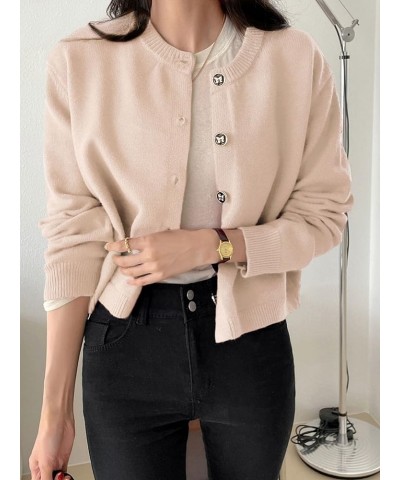 Women's Button Down Cropped Cardigan Casual Crewneck Long Sleeve Soft Knit Cardigan Sweaters Apricot $17.02 Sweaters