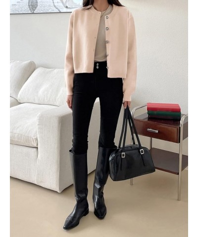 Women's Button Down Cropped Cardigan Casual Crewneck Long Sleeve Soft Knit Cardigan Sweaters Apricot $17.02 Sweaters