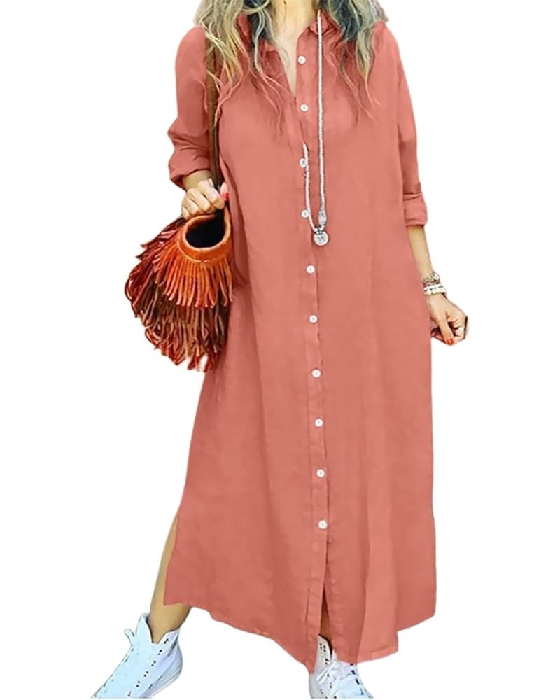 Womens Casual Loose Shirt Dress Oversized Baggy Button Down Long Sleeve Maxi Dresses with Pockets Orange $12.03 Dresses