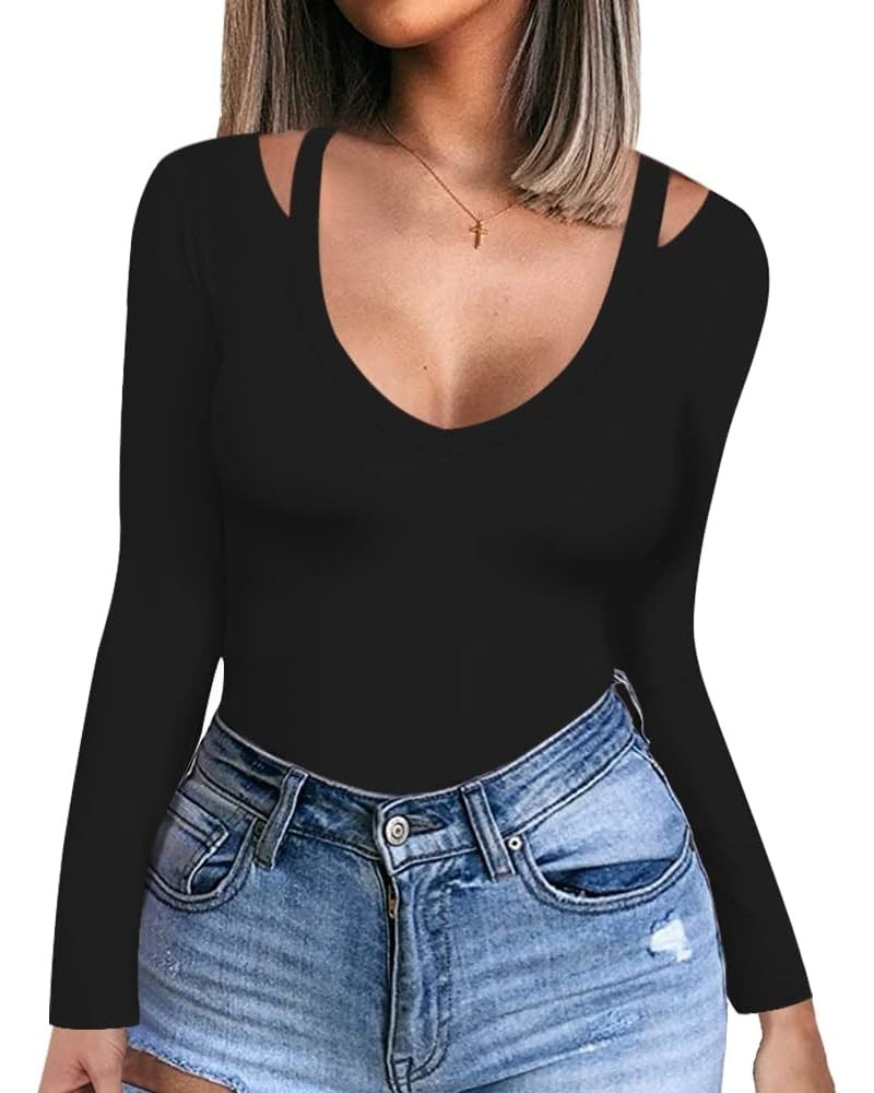 Long Sleeve Tops for Women Sexy Womens V Neck T Shirts for Women Fitted Shirts Tight Basic Tee Black Cut Out $15.11 T-Shirts