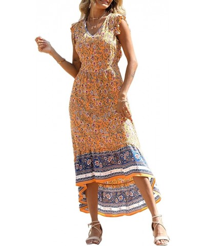 Women's Summer Maxi Dress Casual Floral V Neck Cap Sleeves Boho High Low Flowy Midi Long Sun Dresses Yellow $25.43 Dresses