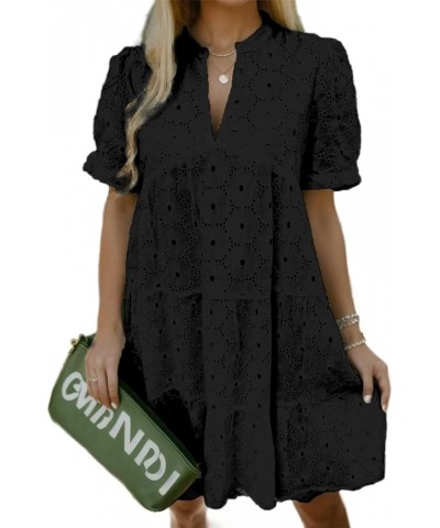 Eyelet Dress for Women Embroidery Ruffle Hem Knee Length Casual Dress Black $25.64 Dresses