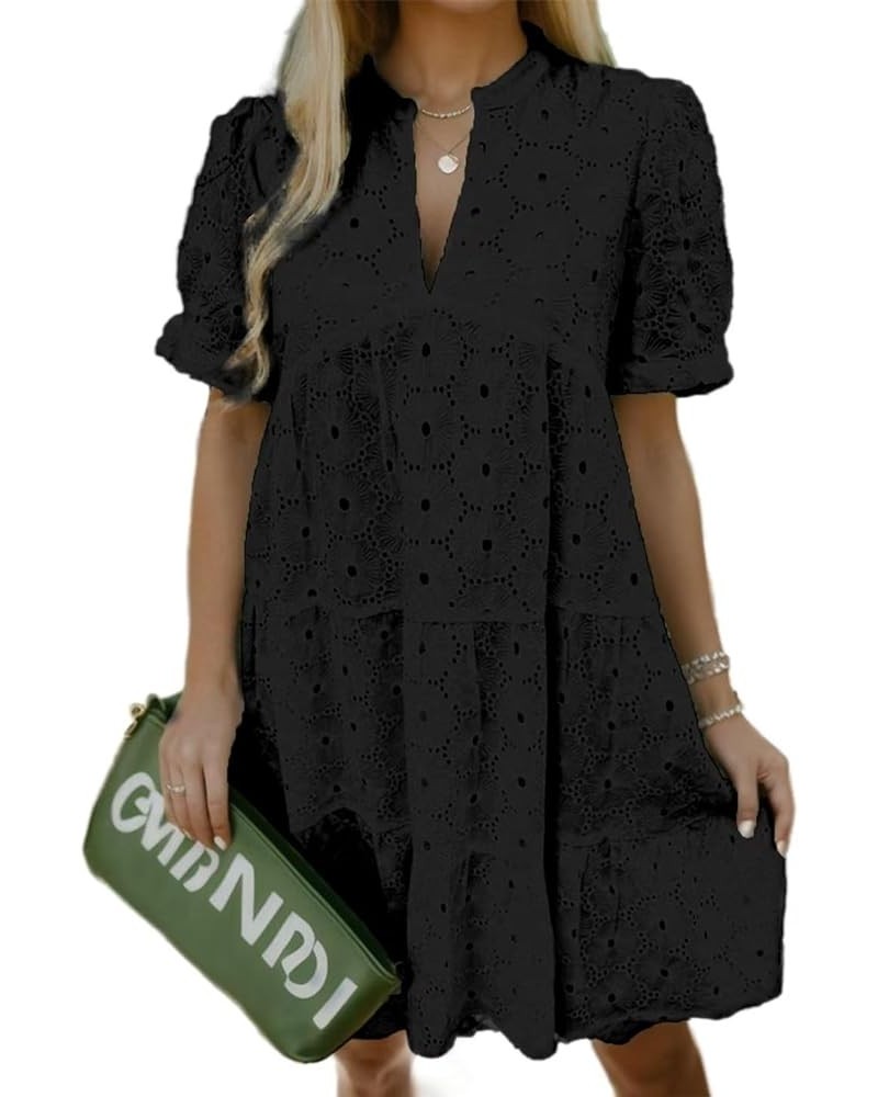 Eyelet Dress for Women Embroidery Ruffle Hem Knee Length Casual Dress Black $25.64 Dresses