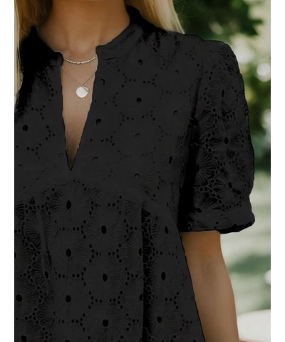 Eyelet Dress for Women Embroidery Ruffle Hem Knee Length Casual Dress Black $25.64 Dresses