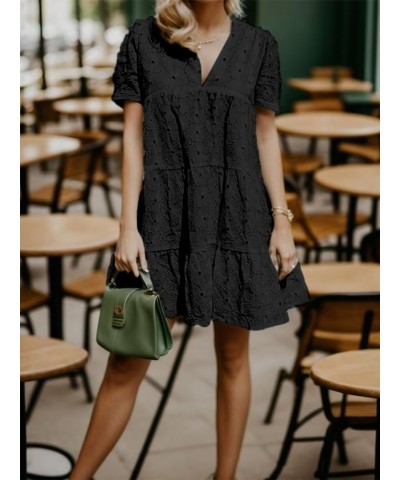 Eyelet Dress for Women Embroidery Ruffle Hem Knee Length Casual Dress Black $25.64 Dresses