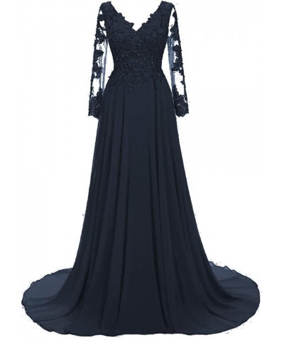 Mother of The Bride Dress V Neck Prom Dresses Lace Evening Gown Long Sleeve Sexy Dark Navy $36.12 Dresses