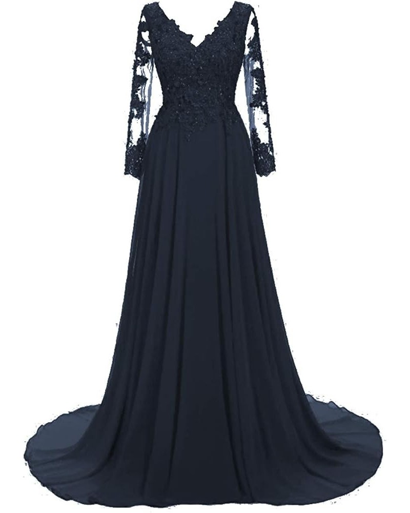 Mother of The Bride Dress V Neck Prom Dresses Lace Evening Gown Long Sleeve Sexy Dark Navy $36.12 Dresses