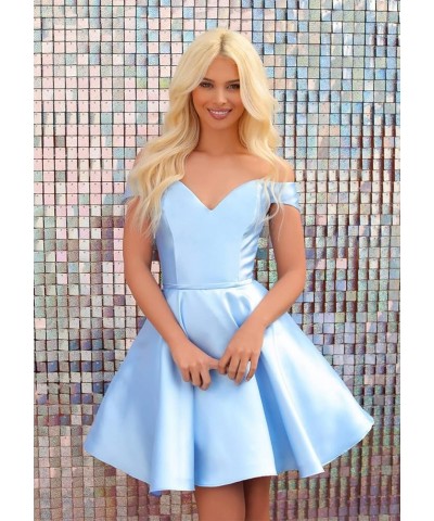 Women's Short Homecoming Dresses for Teens with Pockets Off Shoulder Satin Cocktail Party Gowns CY003 Sky Blue $31.00 Dresses