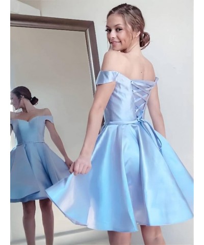 Women's Short Homecoming Dresses for Teens with Pockets Off Shoulder Satin Cocktail Party Gowns CY003 Sky Blue $31.00 Dresses