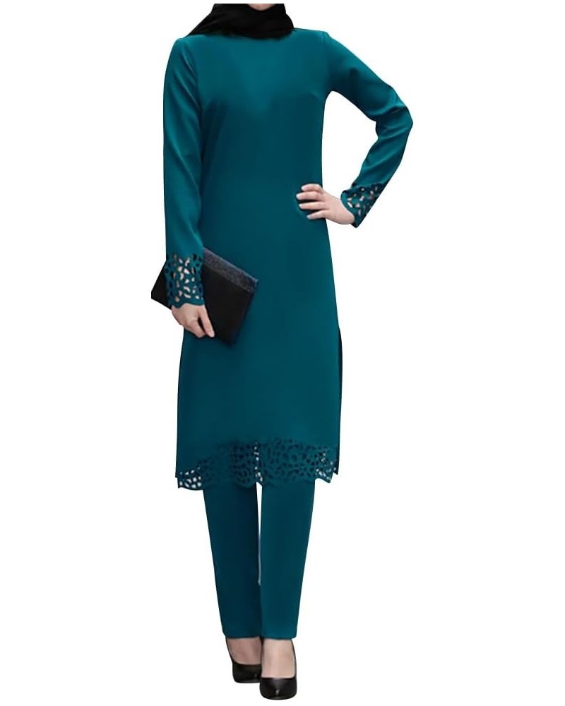 Abaya for Women Muslim Tunic Top Modest Pant Dubai Kurta Hollow Out Islamic Plus Size Prayer Attire Afghan Kurti Set Peacock ...