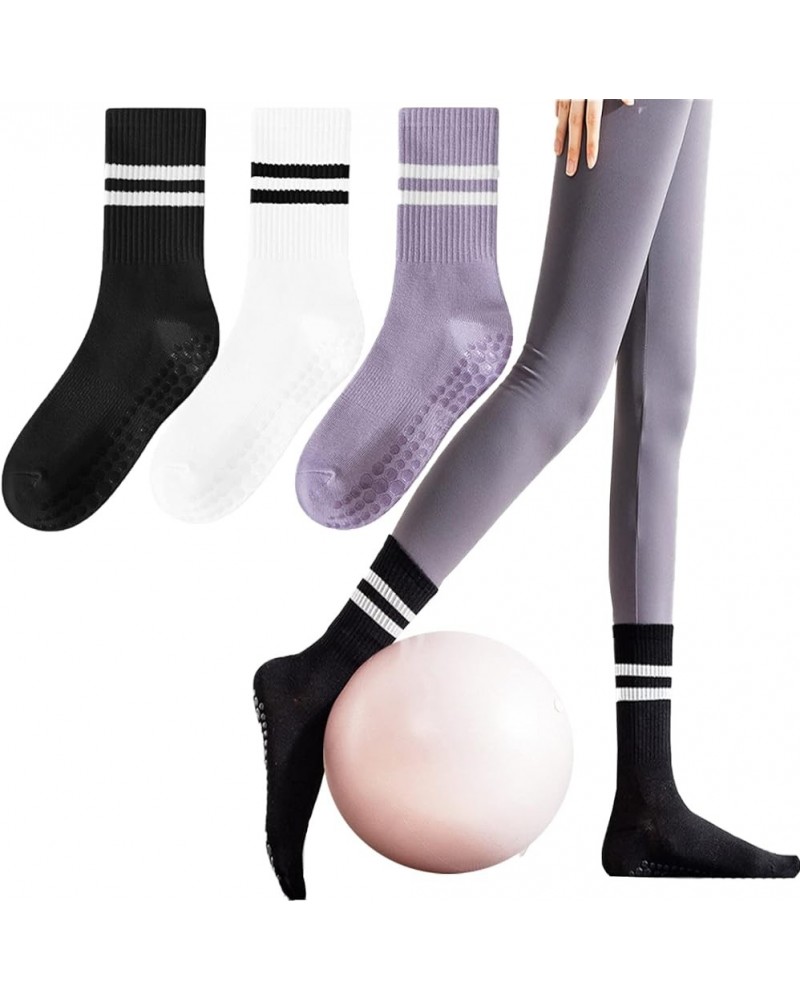 Yoga Socks With Grips for Women, Non Slip Grip Socks for Yoga, Pilates, Barre, Dance Cushioned Crew Socks (3 Pairs) A-style 6...