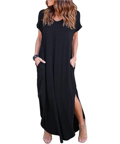 Women Summer Casual Maxi Dress Loose Pockets Short Sleeve Split Boho Dresses Apricot Pure Black $13.42 Dresses