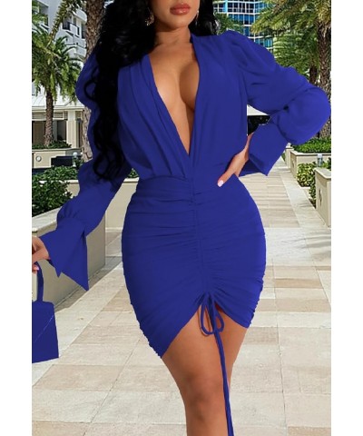 Women's Sexy Long Sleeve Ruched Bodycon Dresses Blue $14.28 Dresses