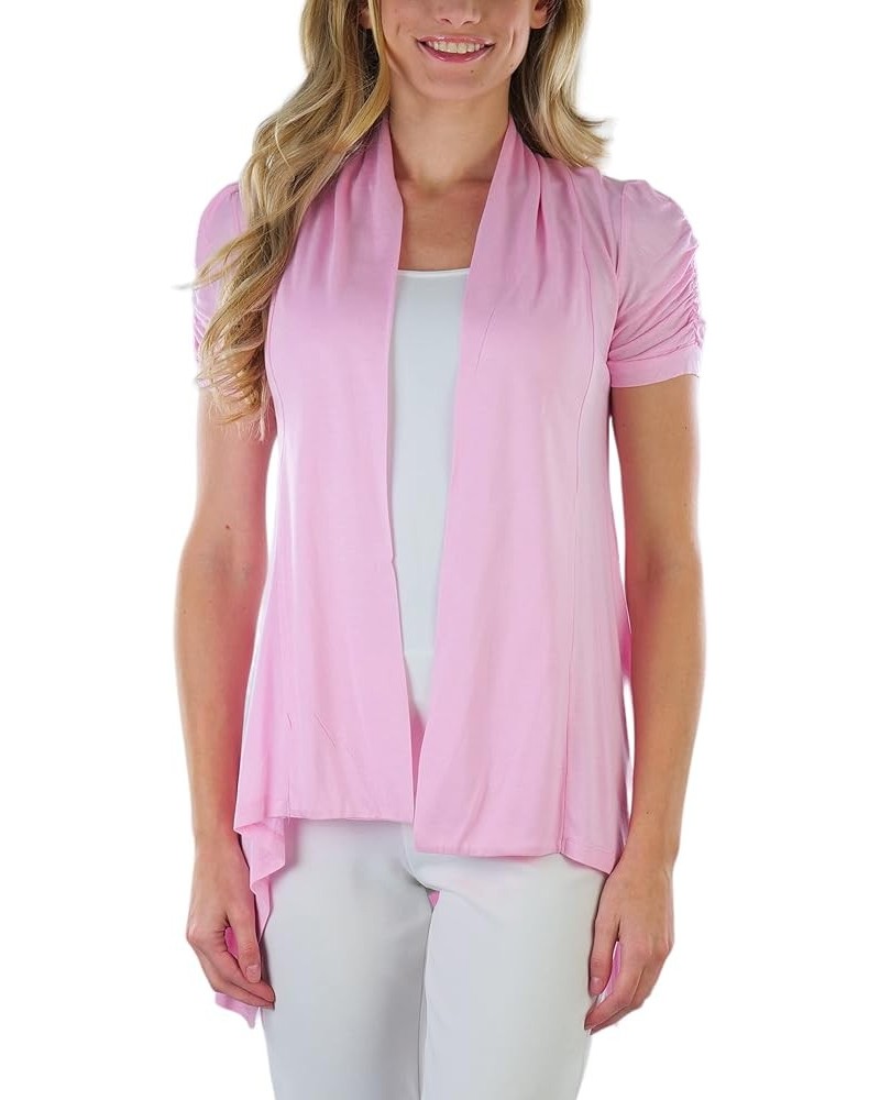 Women's Long Sleeve Open Front Lightweight Cardigan Ruched Cap Short Sleeves - Baby Pink $10.99 Sweaters