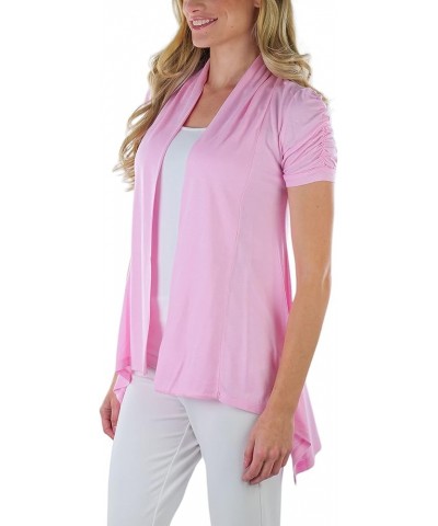 Women's Long Sleeve Open Front Lightweight Cardigan Ruched Cap Short Sleeves - Baby Pink $10.99 Sweaters