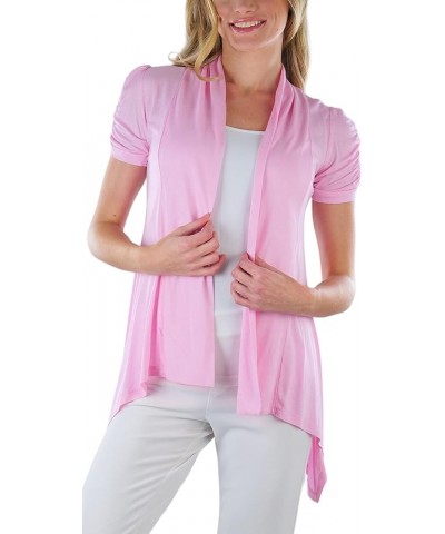 Women's Long Sleeve Open Front Lightweight Cardigan Ruched Cap Short Sleeves - Baby Pink $10.99 Sweaters