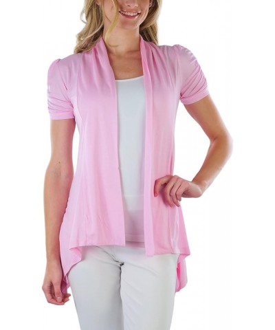 Women's Long Sleeve Open Front Lightweight Cardigan Ruched Cap Short Sleeves - Baby Pink $10.99 Sweaters