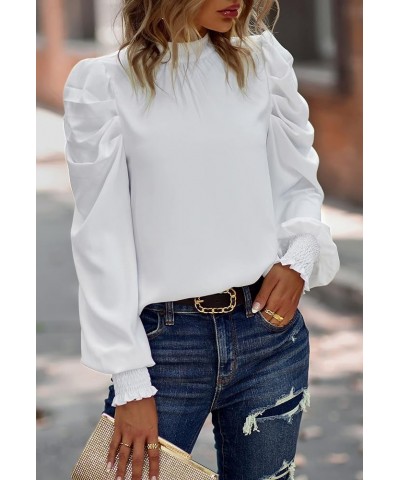 Womens Tops Casual Crewneck Long Lantern Sleeve Self Tie Blouses Solid Tunic Shirts 2024 White $15.50 Tops