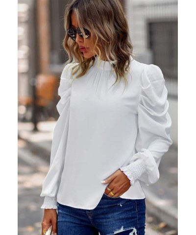 Womens Tops Casual Crewneck Long Lantern Sleeve Self Tie Blouses Solid Tunic Shirts 2024 White $15.50 Tops