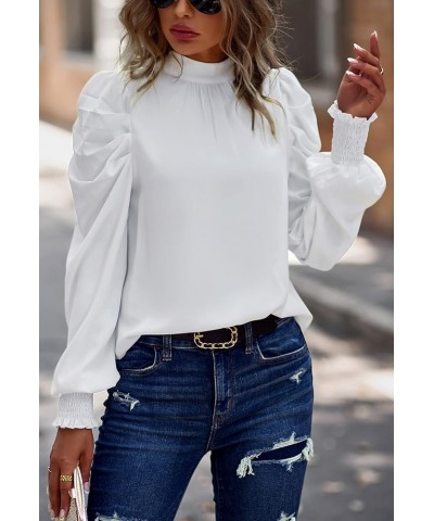 Womens Tops Casual Crewneck Long Lantern Sleeve Self Tie Blouses Solid Tunic Shirts 2024 White $15.50 Tops